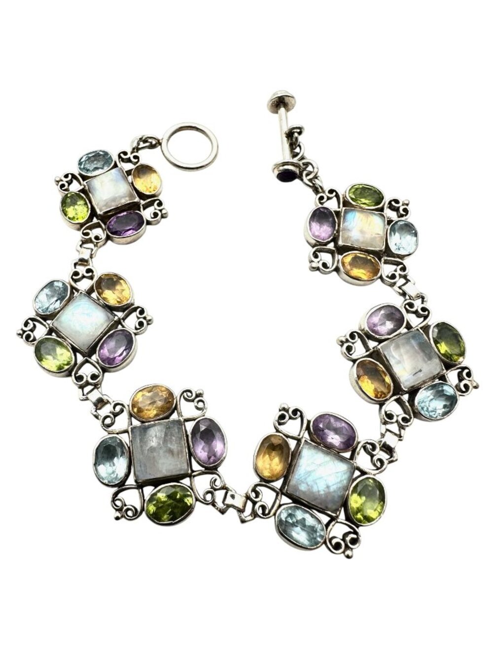 Multi-Gemstone Bracelet Moonstone Sterling Silver 7.5 Inch 29 Grams